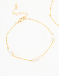 Gold Plated Freshwater Pearl Ball Chain Anklets 2-Pack - link has visual effect only