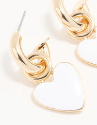 Gold White Enamel Heart Huggie Drop Earrings - link has visual effect only