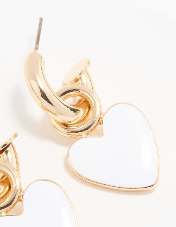 Gold White Enamel Heart Huggie Drop Earrings