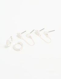 Silver Cubic Zirconia Chain Flower Chain & Huggie Earrings 3-Pack - link has visual effect only