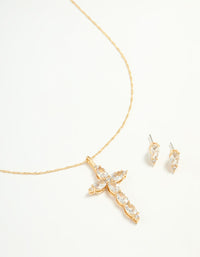 Gold Cubic Zirconia Cross Pendant Necklace & Earrings Set - link has visual effect only