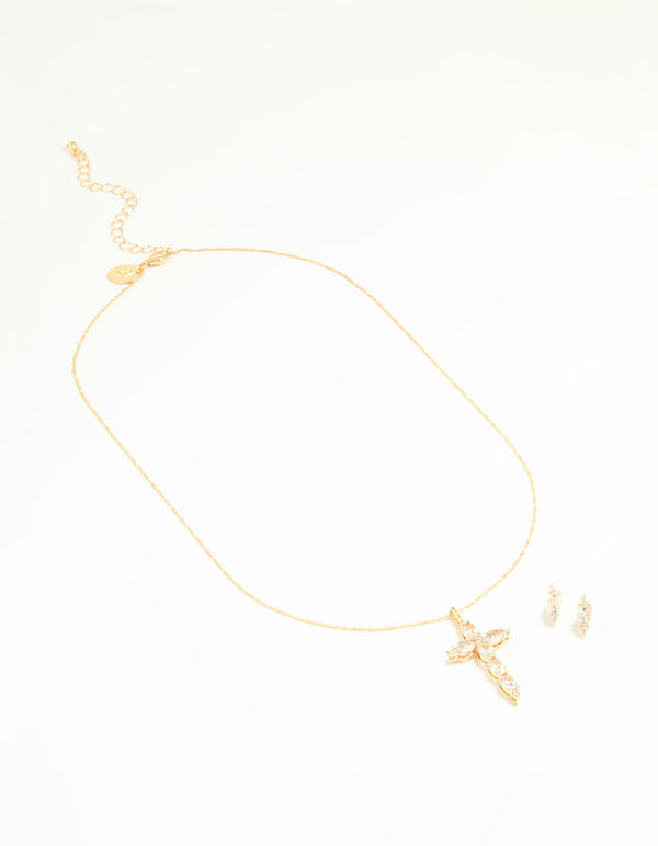 Gold Cubic Zirconia Cross Pendant Necklace & Earrings Set