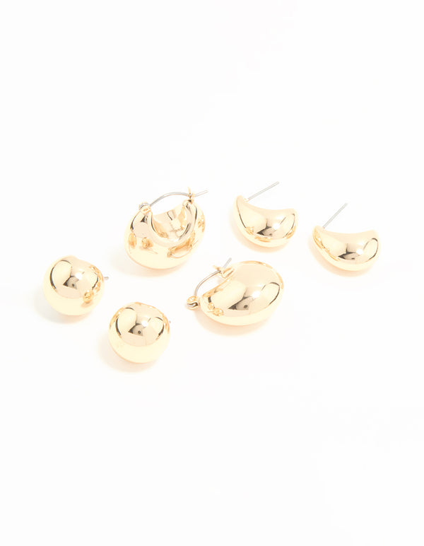 Gold Bubble Hoop & Stud Earrings 3-Pack