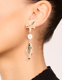 Gold Pearl Fish Drop Earrings - link has visual effect only