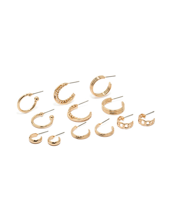 Gold Textured & Smooth Hoop Earrings 6-Pack