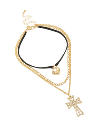 Gold Diamante Cross & Cord Layered Necklace - link has visual effect only