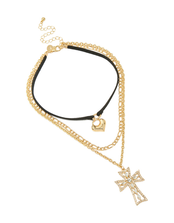 Gold Diamante Cross & Cord Layered Necklace
