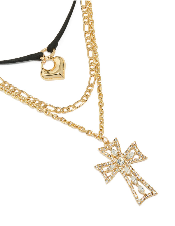 Gold Diamante Cross & Cord Layered Necklace