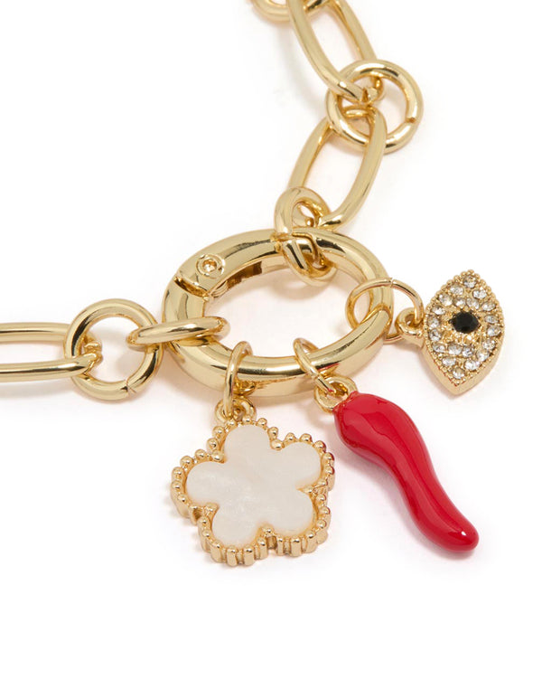 Gold Evil Eye Flower & Chilli Charm Bracelet