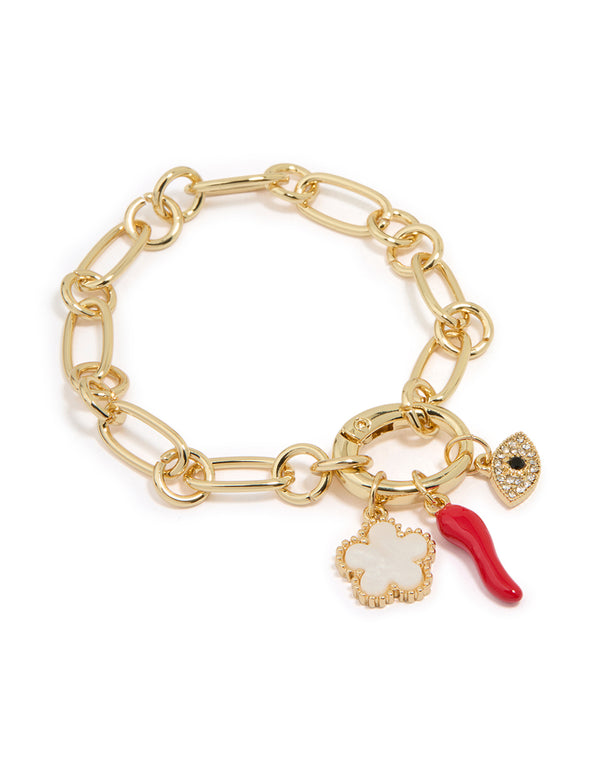Gold Evil Eye Flower & Chilli Charm Bracelet