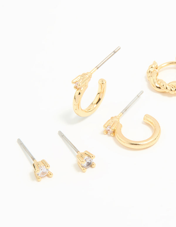 Gold Plated Brass Cubic Zirconia Small Stud & Huggie Earrings 3-Pack