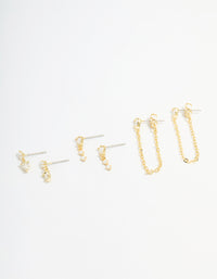 Gold Plated Brass Cubic Zirconia Heart Stud Drop Stud & Chain Earrings 3-Pack - link has visual effect only
