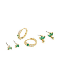 Gold Plated Brass Emerald Flower Stud & Huggie Earrings 3-Pack - link has visual effect only