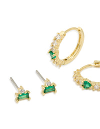 Gold Plated Brass Emerald Flower Stud & Huggie Earrings 3-Pack - link has visual effect only