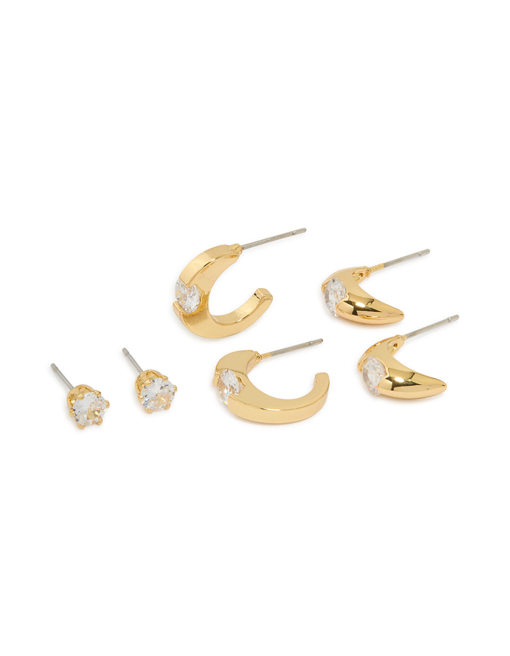 Gold Plated Brass Cubic Zirconia Inlay Stud & Huggie Earrings 3-Pack