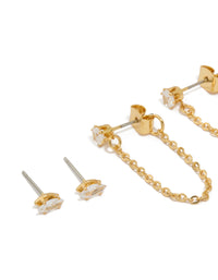 Gold Plated Brass Cubic Zirconia Oval Chain & Huggie Earrings 4-Pack - link has visual effect only