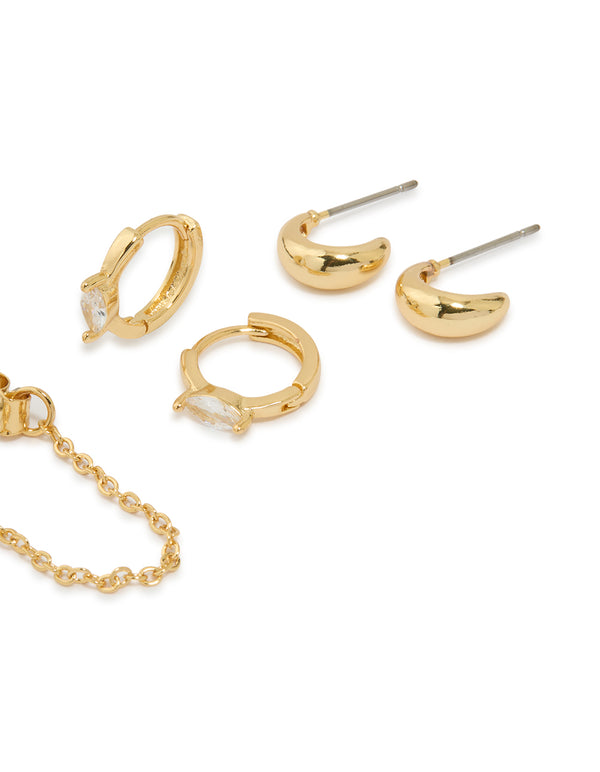 Gold Plated Brass Cubic Zirconia Oval Chain & Huggie Earrings 4-Pack