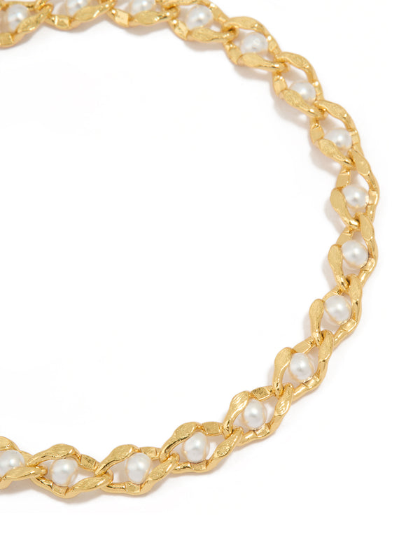Gold Plated Brass Pearl Chain Bracelet