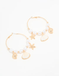 Gold Genuine Shell Pearl Starfish Hoop Earrings - link has visual effect only