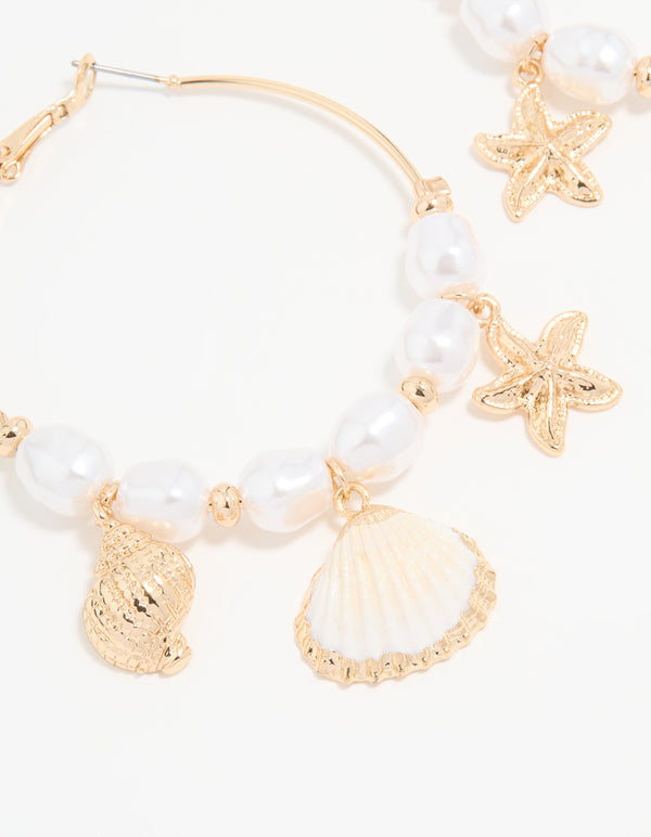 Gold Genuine Shell Pearl Starfish Hoop Earrings