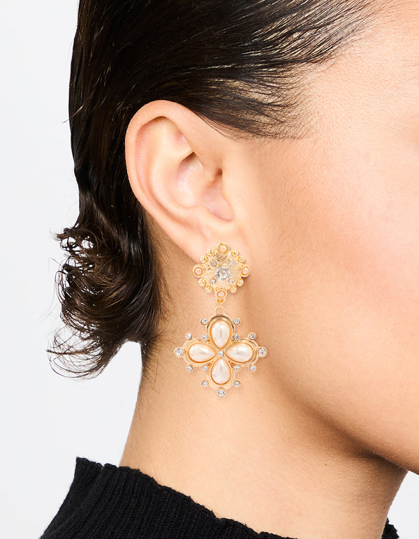 Gold Diamante Pearl Pendant Drop Earrings