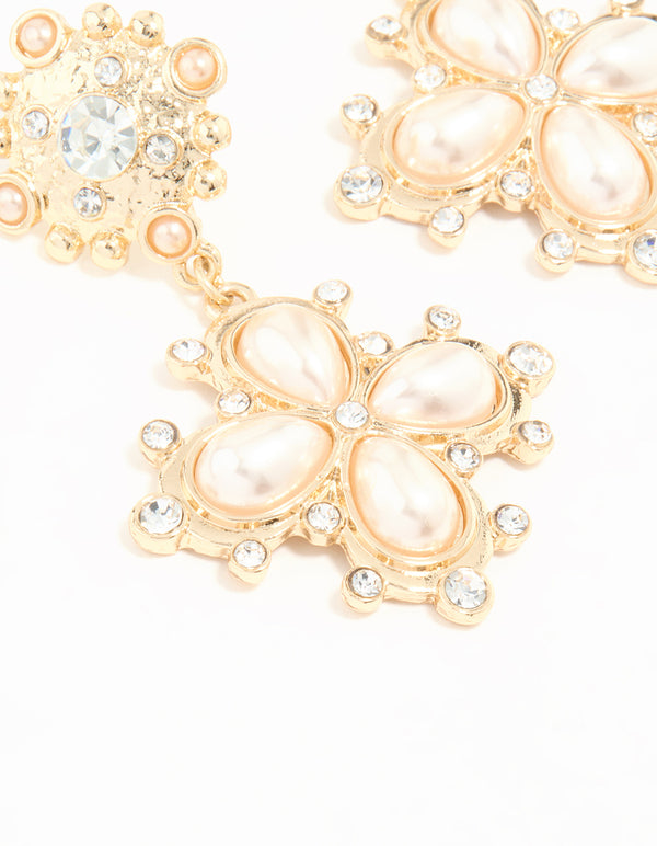 Gold Diamante Pearl Pendant Drop Earrings