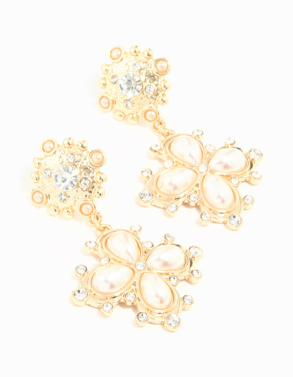 Gold Diamante Pearl Pendant Drop Earrings