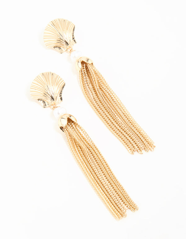 Gold Shell & Tassel Chain Drop Earrings