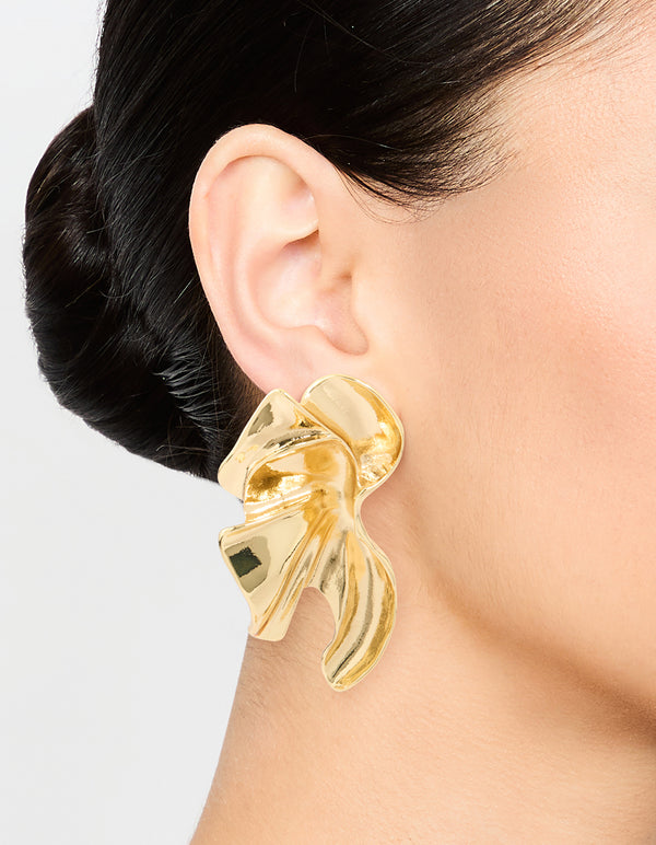 Gold Plated Textured Flower Fan Earrings