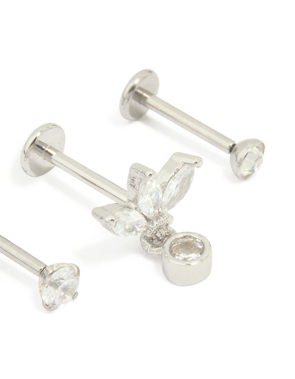 Surgical Steel Cubic Zirconia Drop Threadless Flat Back Studs 3-Pack