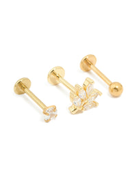 Gold Plated Surgical Steel Cubic Zirconia Threadless Flat Back Studs 3-Pack - link has visual effect only
