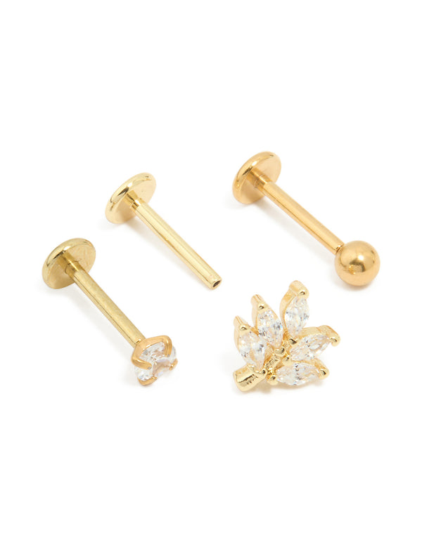 Gold Plated Surgical Steel Cubic Zirconia Threadless Flat Back Studs 3-Pack