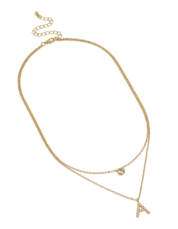 Gold Plated Cubic Zirconia Bezel Letter A Layered Necklace