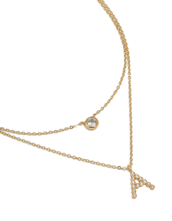 Gold Plated Cubic Zirconia Bezel Letter A Layered Necklace