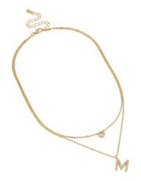Gold Plated Cubic Zirconia Bezel Letter M Layered Necklace - link has visual effect only