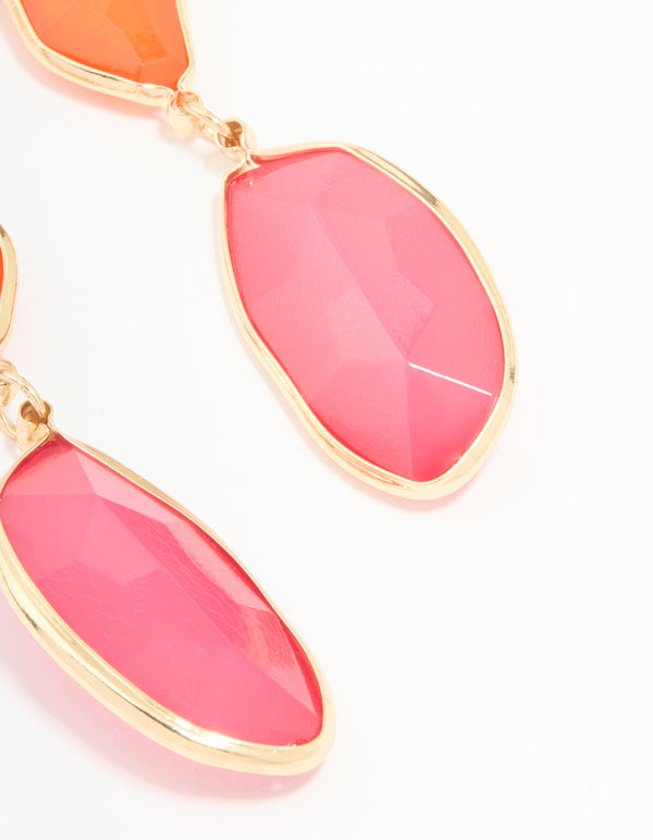 Gold Pink & Orange Triple Tiered Drop Earrings