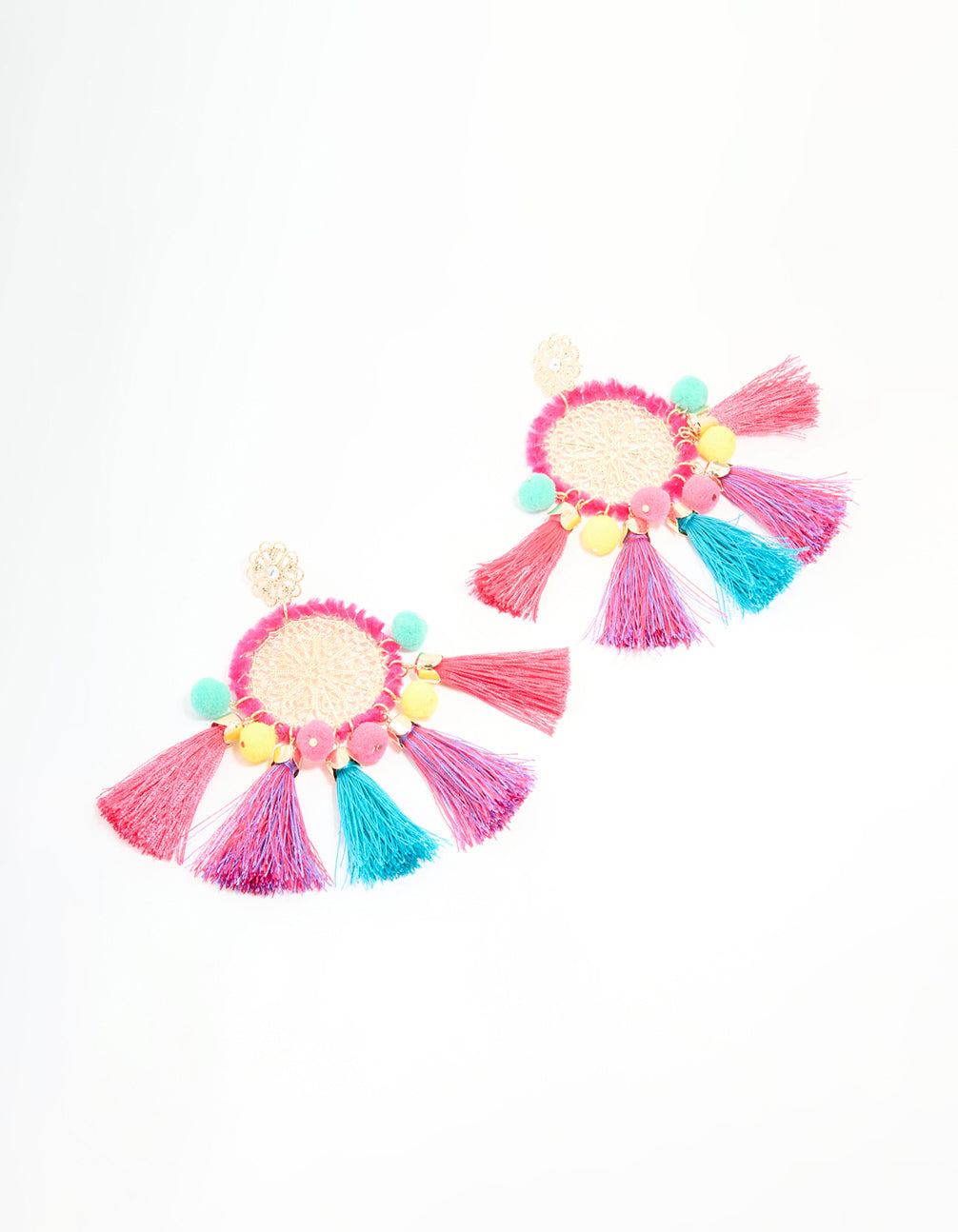 Gold Multicoloured Tassel Disc Drop Earrings