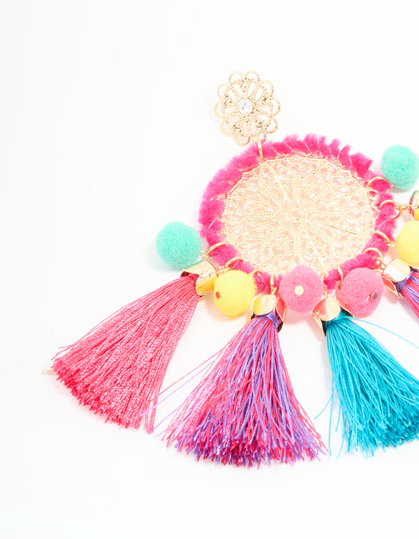 Gold Multicoloured Tassel Disc Drop Earrings