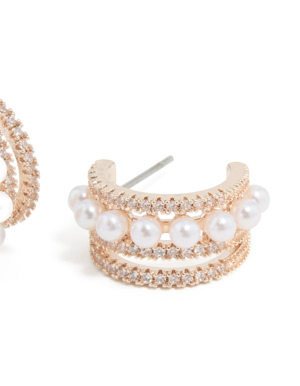 Rose Gold Plated Cubic Zirconia Pearl Hoop Earrings