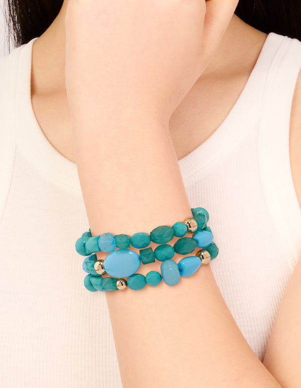 Gold Blue Beaded Stretch Bracelets 3-Pack