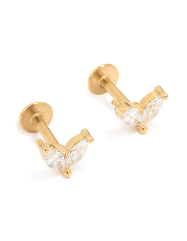 Gold Plated Surgical Steel Double Leaf Cubic Zirconia Flat Back Studs