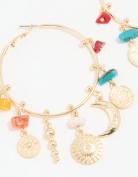 Antique Gold Multicoloured Stone & Celestial Charm Hoop Earrings - link has visual effect only