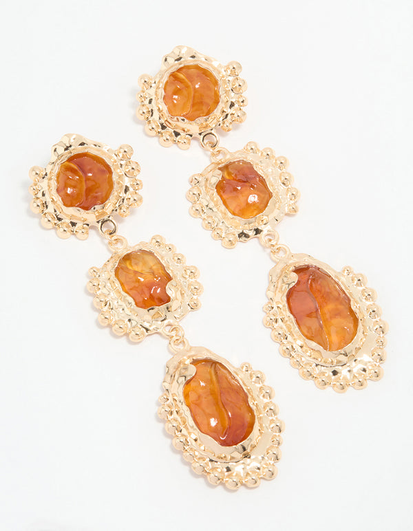 Gold Orange Stone Molten Trio Drop Earrings