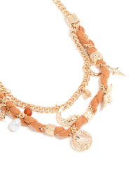Gold Orange Woven Fabric Charm Layered Necklace - link has visual effect only