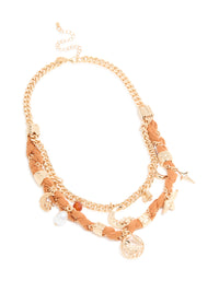 Gold Orange Woven Fabric Charm Layered Necklace - link has visual effect only