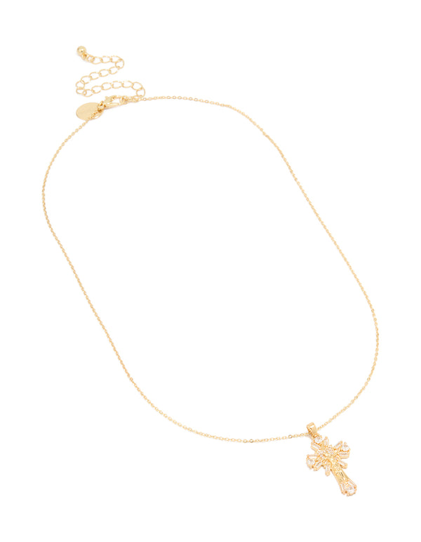 Gold Plated Cubic Zirconia Baguette Cross Pendant Necklace
