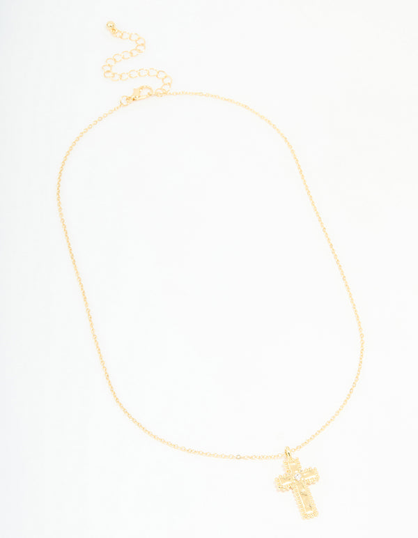 Gold Plated Diamante Ball Molten Cross Necklace
