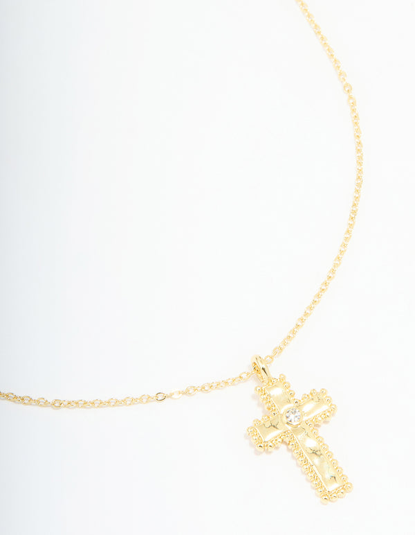Gold Plated Diamante Ball Molten Cross Necklace