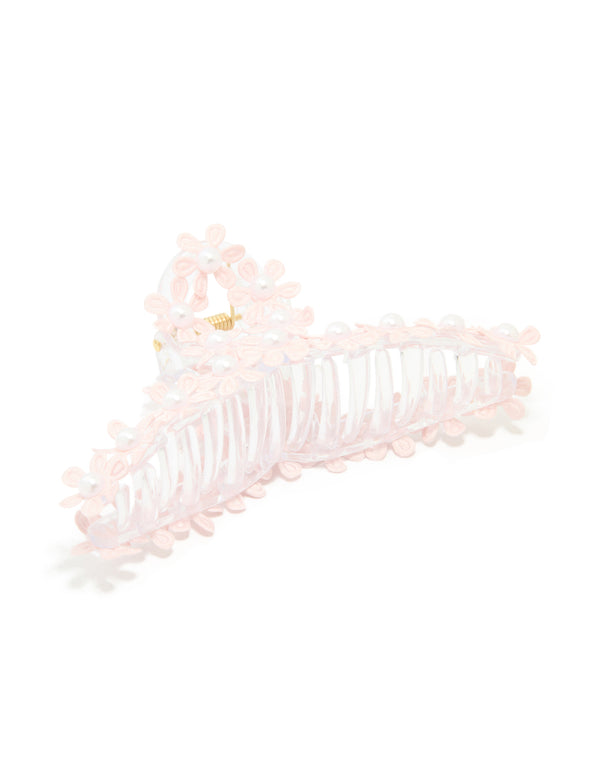 Pink Flowers & Pearls Loop Claw Clip