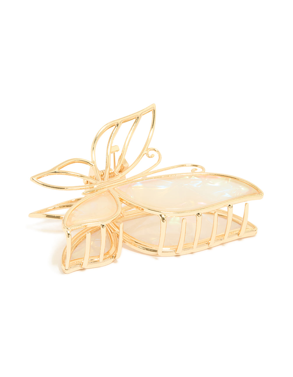 Showcasing a gold iridescent acrylic butterfly claw clip front view
